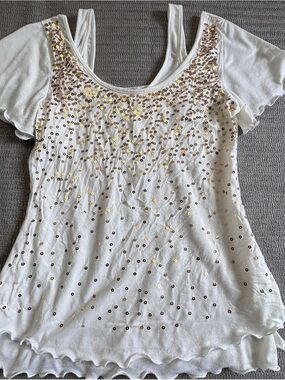 Bacci Ivory Gold Sequin Blouse XL Short Sleeve Stretch Top